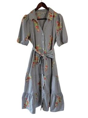 J Gee Blue Stripe Floral Embroidered Maxi Dress Sz PM Tiered Belted Cottagecore